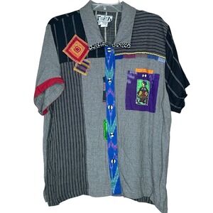 Faith Vintage Patchwork Rayon Button Down Shirt S Beaded Embroidered boho 90s